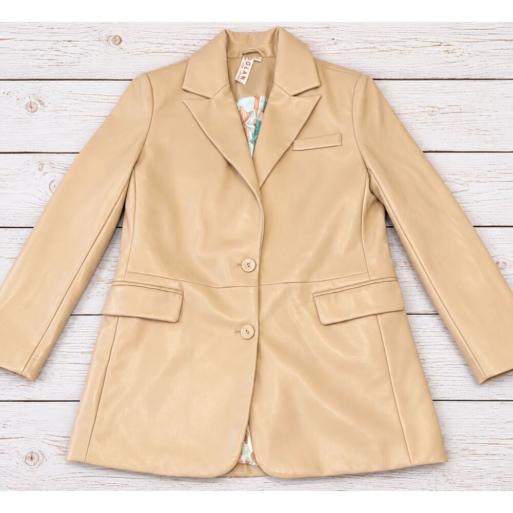 Dolan by Anthropologie Tan Faux Leather Long Coat Floral Lined Retro Size S 4914